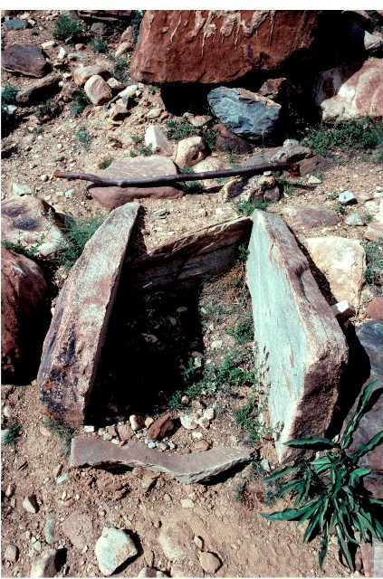 Fig. 73. A cist burial on the Lingti Chu, Lahul. The stick in the photo is 1 m long.