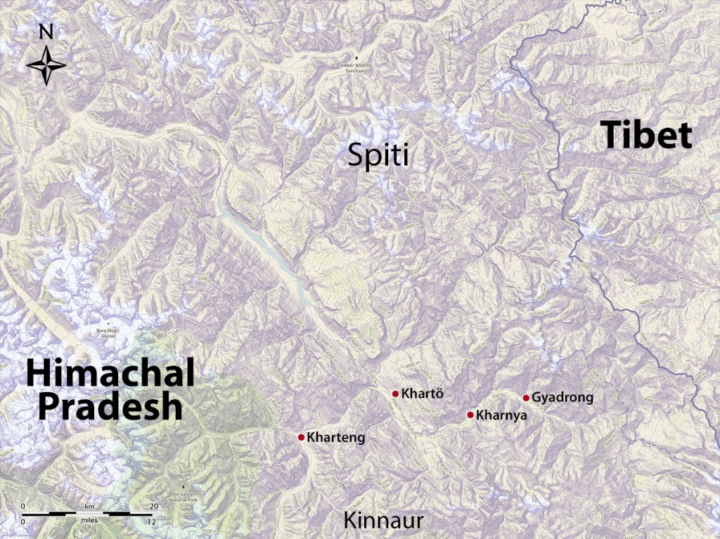 The major ancient residential sites of Spiti. Map by Brian Sebastian and John Vincent Bellezza.