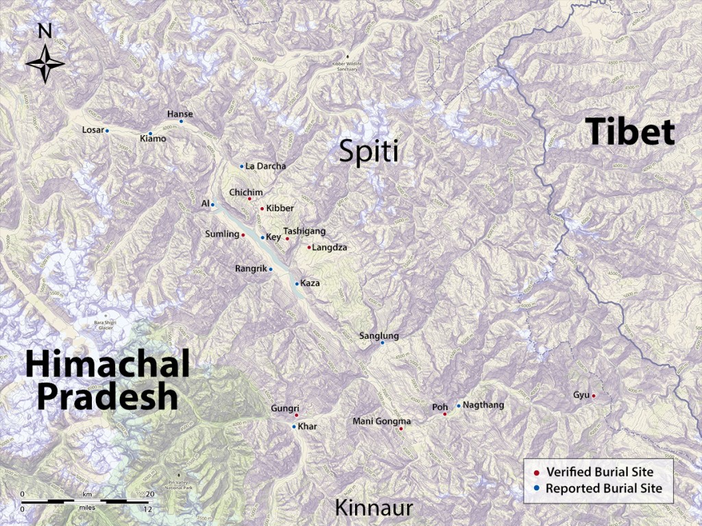 Map of tomb sites in Spiti. Map by Brian Sebastian and John Vincent Bellezza.
