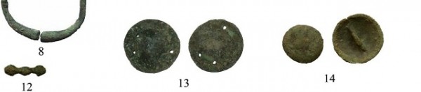 Fig. 15. Copper and bronze artifacts from the Mogou site of the Qijia culture. Of interest in the comparative study of thokchas is the object consisting of two diamond-shaped ends and rounded central portion (no. 12) and curved button with attachment bar on back (no. 14). Image credit: Jianjun Mei et al. 2015: p. 224 (fig. 2); Jianjun Mei et al. 2012, pp. 39, 40 (fig. 4).