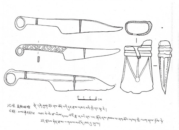 Fig. 27. Line drawings of three knives and axe head, Tibet Museum, Lhasa, 2006.