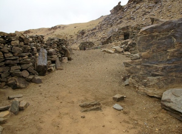 Fig. 3. A view of the middle tier of Rock Art Village. The still used corral in the foreground was constructed from stones extracted from the ancient settlement. Rock art covers the larger boulders.