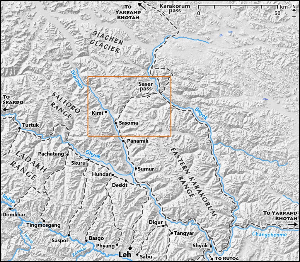 Fig. 1. Map of the Nubra valley and surrounding areas. Note that modern political boundaries are not designated on this map. Map by Quentin Devers.