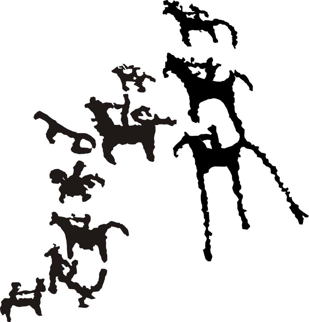 Fig. 6. A scene of horsemen on mounts with elongated legs/tails and other animals, Khimi. Nearby panels depict sheep and ibex. Drawing by Tashi Ldawa.