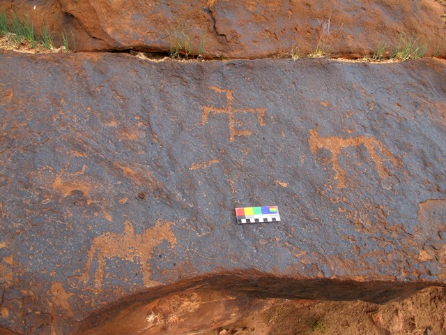 Fig. 17. Two wild ungulates flanking a swastika, central Changthang. Protohistoric period. The lower left animal may possibly be a horse with a rider or something else on its back.
