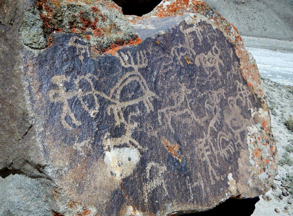 Fig. 23. Hunting scenes with bowmen, yak, horse, sheep, and possibly a carnivore are clearly visible, despite a lot of surface wear on the rock. Note the S-shaped interior design of the yak.