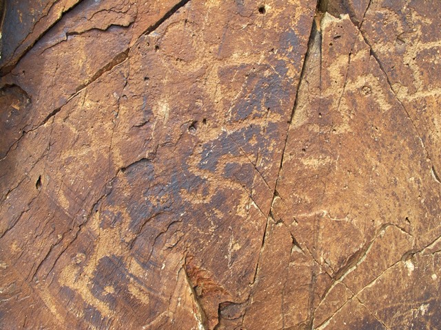 Fig. 29. Two swastikas, three wild yaks and what appears to be a horse rider (left side of image), central Changthang. Protohistoric period.