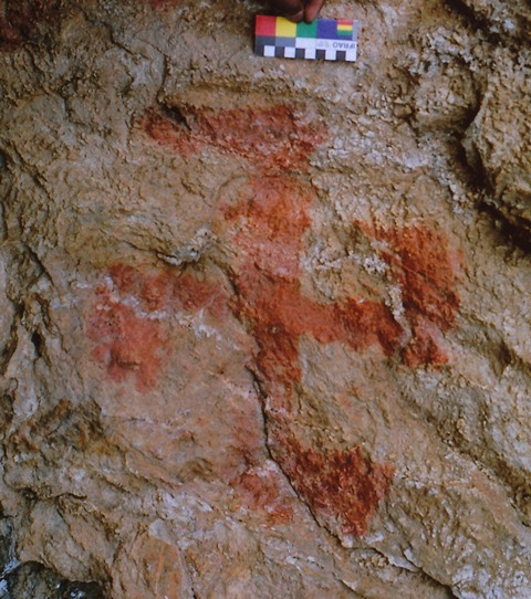 Fig. 37. Red ochre counterclockwise swastika, eastern Changthang. This specimen was painted in a cave that came to be associated with Tibet’s greatest Buddhist missionary, Guru Rinpoche. This swastika is assignable to either the Protohistoric period or Early Historic period.