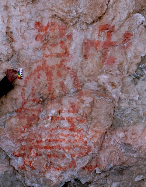 Fig. 41. Large pictograph depicting unusually designed shrine and counterclockwise swastika, eastern Changthang. Early Historic period.