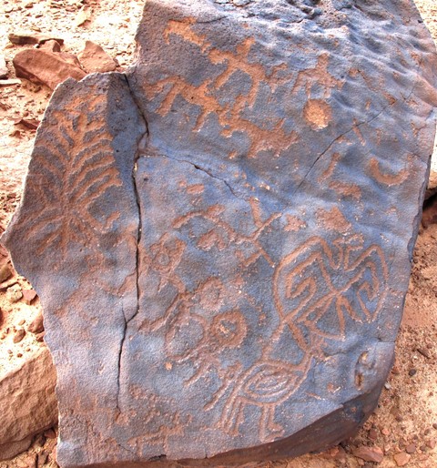 Fig. 57. A boulder with disparate figures, western Changthang. Iron Age. Figures comprising various compositions include what appear to be three horsemen, wild yak, another animal, sun, and crescent moon (top of boulder), tree and wild yak (left side), horned eagle and standing bird (bottom right), wild yak and swastika (bottom left), and unidentified subjects (middle and middle bottom).