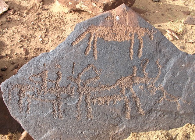 Fig. 58. Two mounted archers, wild yak and hunting dog, western Changthang. Iron Age.