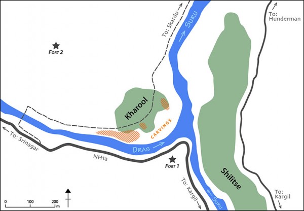 Fig. 2. Plan of Kharool with the main zones of engravings. [Q. Devers] 