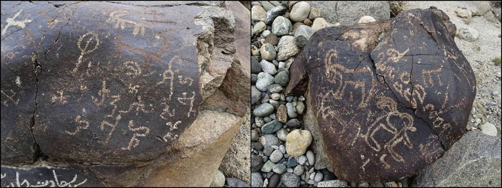 Fig. 17: Other inscriptions at Kharool: in Kharoshti (?) on the left, in Sarada (?) on the right. [Q. Devers]