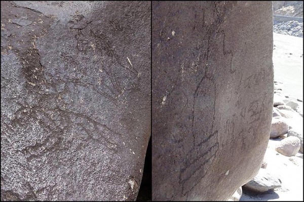 Fig. 20: The animal trio (left) and a Tibetan inscription with a chorten (right) carved on the same boulder. [Q. Devers]