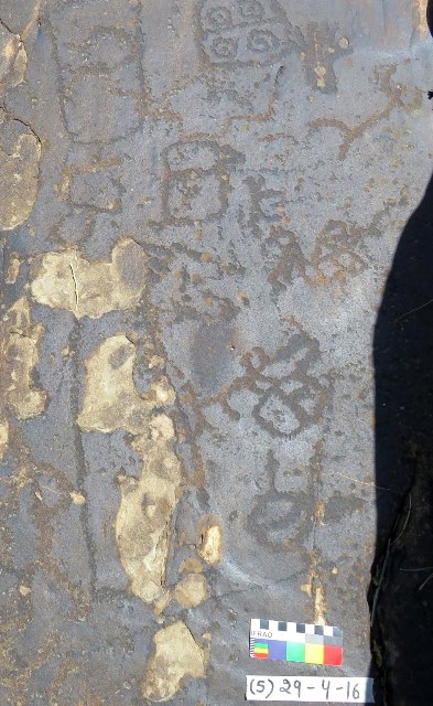 Fig. 1. Three mascoids on a boulder near Hurling, Spiti. The upper two specimens are partially cut in the photograph. Cross-cultural indications suggest that these mascoids may date to the Bronze Age. Also on the boulder is a handprint and several curvilinear and rectilinear subjects of unknown identity. All these carvings appear to be of significant antiquity. Photograph courtesy of the Spiti Rock Art and Historical Society.