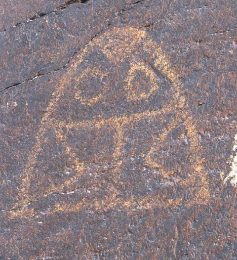 Fig. 3. Bell-shaped mascoid, Murgi Tokpo, Ladakh. This mascoid has a symmetrical array of internal elements, a characteristic trait of mascoid rock art on the WTP and other regions of Inner Asia. In addition to two ‘eyes’, the upper half of the carving has a triangular head adornment or hairline. The bottom half of the mascoid is partitioned into two parts, each with an inward pointing triangle. Photograph courtesy of Laurianne Bruneau.