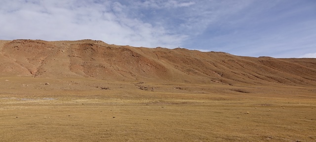 Fig. 7. View from the south of Talus-blanketed Red House with the West Complex in the center of the photograph. The West Complex sits on elevated ground paralleling the Ronggo valley. Note the prayer flag mast just visible on top of the ridge directly above the West Complex.