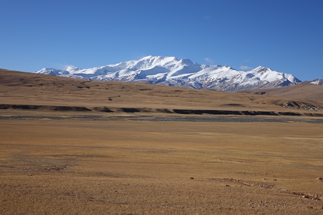 Fig. 8. View to the south from the West Complex. The Ronggo valley and river flowing through it occupy the foreground and midground of the photo. In the background is the sacred mountain She Kangjam.