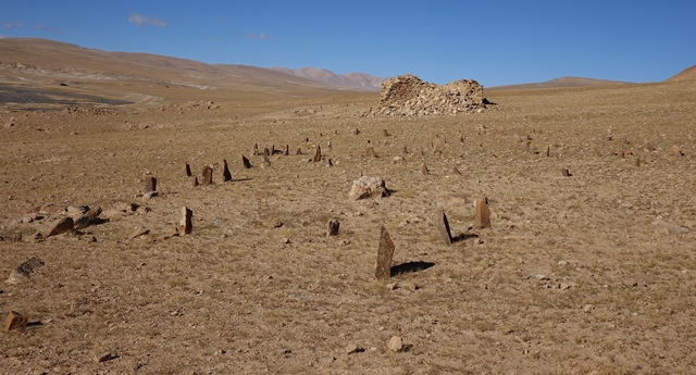 Fig. 32. The array of stelae and appended temple-tomb of the Central Complex as seen from the east.