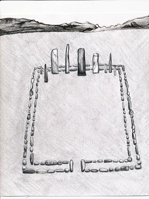 Fig. 52. Artist’s conception of stelae standing inside a double-course slab wall enclosure (after Bellezza 2014a, p. 10). Typically, one or more stelae was planted near the west wall of a quadrate enclosure. In some examples, there is an opening in the east wall of the enclosure.