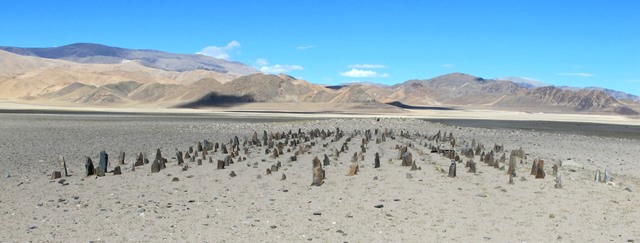 Fig. 1. The Tshab Khag Doring necropolis from the east. In the foreground is the array of stelae or pillars. In the background are the remains of the temple-tomb that is now nothing more than a rocky tumulus.