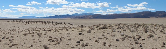 Fig. 2. Tshab Khag Doring viewed from the northwest. The gap between the extant standing stones (left side) and tumulus (right side) is a depressed portion of the concourse of stelae. The light-colored strip above the pillars on the extreme left side of the photograph is part of a string of alkaline lakes and flats in the bottom of the Tshakha basin.