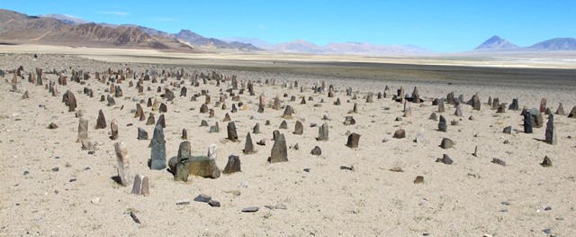 Fig. 3. Tshab Khag Doring from the southeast. The tallest stelae of the array are in the foreground. Note the very sandy terrain in this desiccated basin. However, there are freshwater streams and pasturage in sheltered valleys in the mountain range to the south.