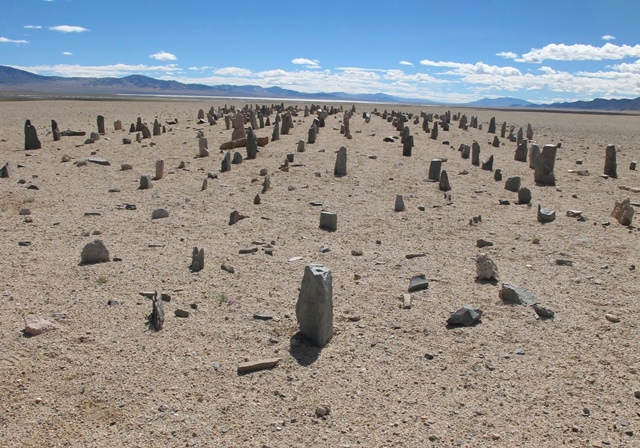 Fig. 4. The array of stelae viewed from the west. Note how the standing stones form even rows, which are aligned in the cardinal directions. More than half of the original number of stelae are now missing. In the background is the deep eastern vista, a characteristic spatial trait of stelar necropolises.