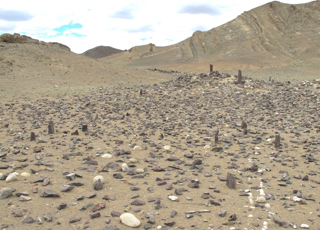 Fig. 22. The highly fragmentary array of pillars standing in front of the temple-tomb mound. The tall pillars on top of the mound are not original features of the site. Note the double-course cobble wall on the bottom right side of the image. The ritual and symbolic functions of the pillars and cobble wall have not been determined.