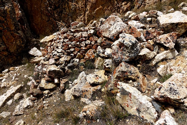 Fig. 24. The lone structure at the bottom of the upper complex, a highly degraded revetment This was part of a more extensive structure at one time. Note the orange climax lichen covering the stones of the wall.