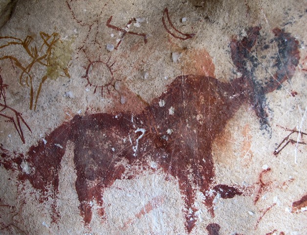 Fig. 79. Lone wild yak Prominent motifs: wedge-shaped tail; thick, inward curving horns; anterior hump; elongated snout; flat belly; four unflexed legs Body: silhouetted Technique: painted, red ochre, black pigment on horns and head Region: Eastern Changthang Estimated Age: Protohistoric period or Early Historic period