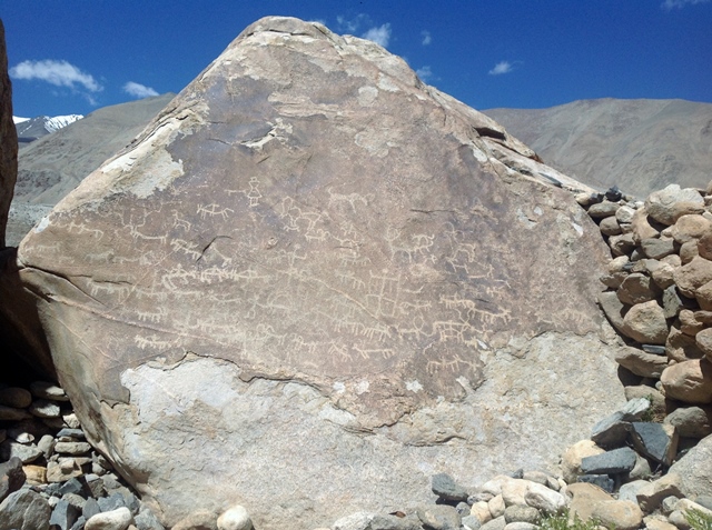 Fig. 6. A large boulder with weathered surface displaying a wide variety of animals including sheep, stag, deer and yak. These animals are accompanied by horsemen and other simply drawn humans. There is also a bi-triangular anthropomorph. The animals seem to have been composed in styles of varying complexity, from simple geometric lines to fully pecked body outlines.