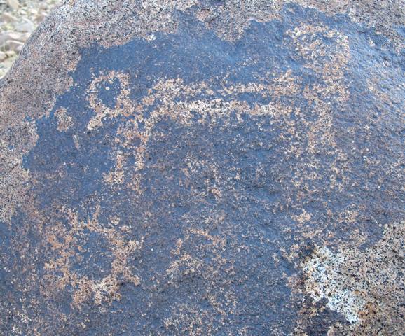 Fig. 101. Lone wild yak and sun that appear to form an integral composition Prominent motifs: wedge-shaped tail; circular horns; small anterior hump; rounded snout; flat belly; four unflexed legs Body: outlined Technique: moderately engraved Region: Far Western Tibet Estimated Age: Iron Age or Protohistoric period